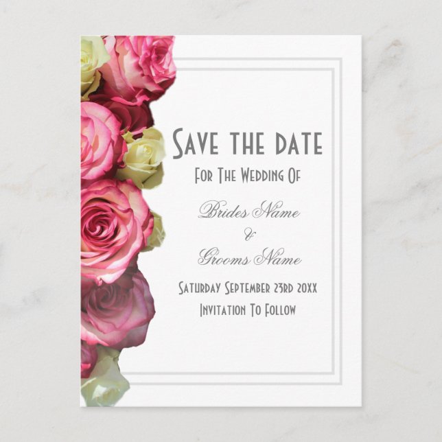 Pink rose floral wedding save the date announcement postcard (Front)