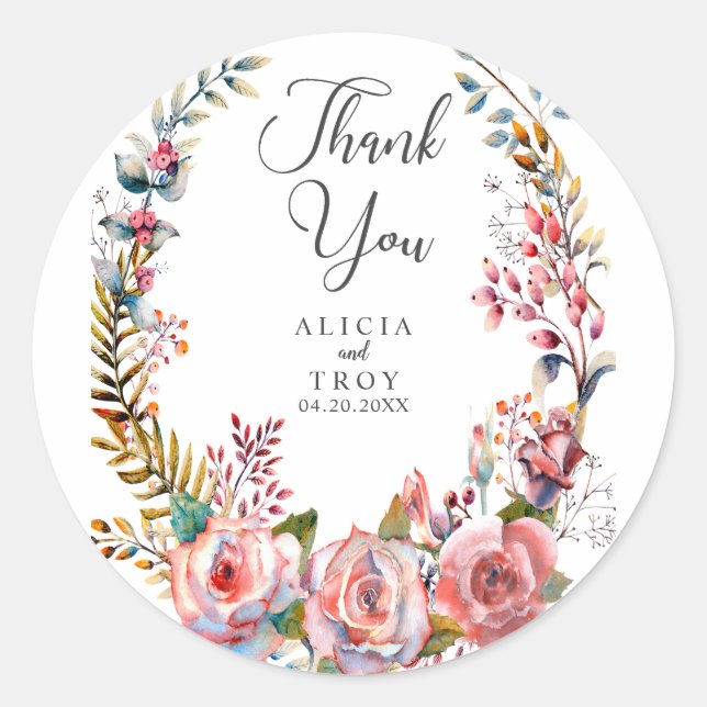 Pink Rose Floral Wreath Thank You Wedding Sticker (Front)