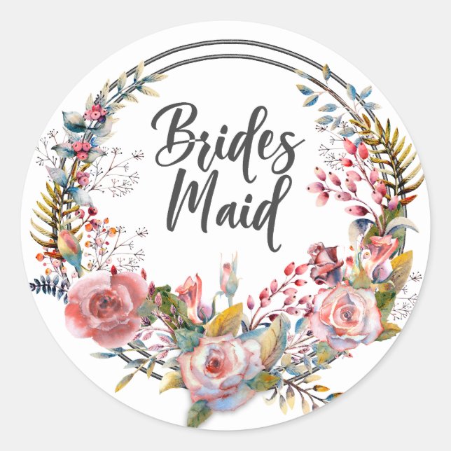 Pink Rose Floral Wreath Wedding Bridesmaid Sticker (Front)