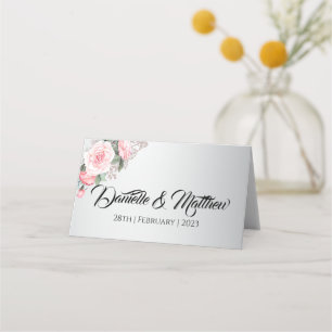 Pink Rose Florals on Silver Wedding Place Card
