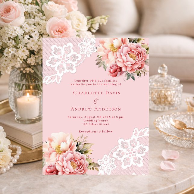 Pink rose florals white lace wedding invitation (Creator Uploaded)