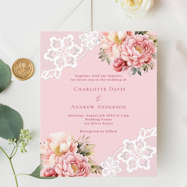 Pink rose florals white lace wedding invitation (Creator Uploaded)