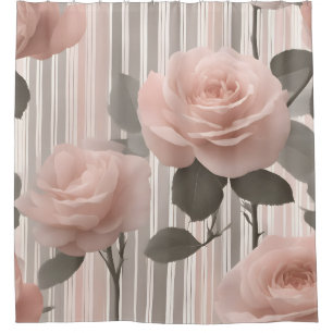 Pink Rose Flower and stripes,  Vintage Look  Shower Curtain
