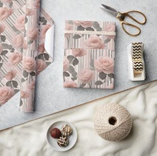 Pink Rose Flower and stripes, Vintage Look Wrapping Paper