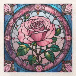 Pink Rose Flower Floral Stained Glass Art Coaster