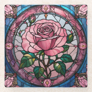 Pink Rose Flower Floral Stained Glass Art Coaster