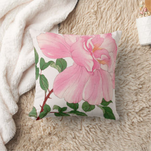 Pink Rose Flower & Green Leaves Cushion