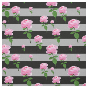 Pink Rose Flower On Grey Black Stripes Pattern Fabric