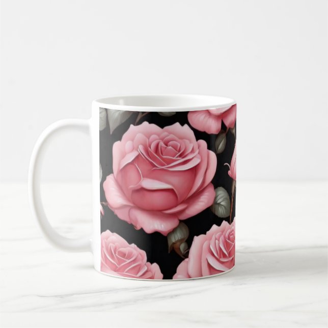 Pink Rose Flower Pattern Coffee Mug (Left)