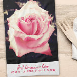 Pink Rose Flower Photo Best Grandma Script Tea Towel<br><div class="desc">Pink Rose Flower Photo Best Grandma Script kitchen towel. Pink rose flower,  floral photography with a dark background. Flower photo print. The text is in trendy script. Add your names.</div>