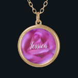 Pink Rose Flower Photo Custom Name Script Modern Gold Plated Necklace<br><div class="desc">A close-up photo of a vibrant pink rose makes you want to "stop and smell the flowers". Relax and inhale the beauty of this photograph whenever you wear this stunning, beautiful photography personalised name charm necklace. This necklace comes in small, medium and large sizes, as well as both square and...</div>