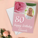 Pink Rose Flower Photo Floral 80th Birthday Card<br><div class="desc">Pink Rose Flower Photo Floral 80th Birthday Card. The card is pink and has a beautiful pink rose and a photo in a round frame on the front and on the backside of the card. The text is in a trendy white script. Add your name, age and photo and message...</div>