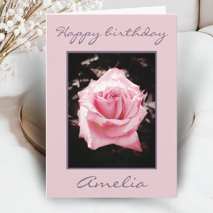 Pink Rose Flower Photo Happy Birthday Card