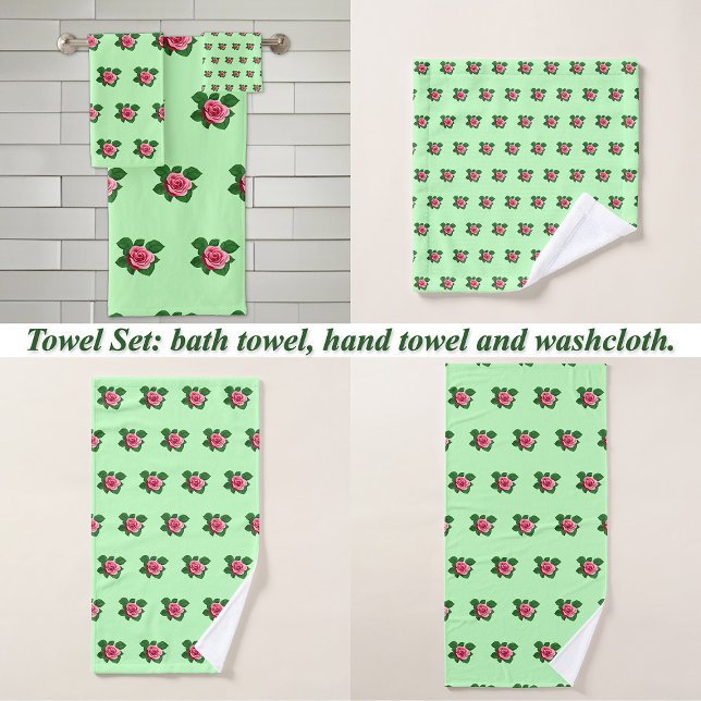 Pink Rose Flower Seamless Pattern on Light Green Bath Towel Set (Pink Rose flower seamless pattern on light green bath towel set: wash cloth, hand and bath towel)