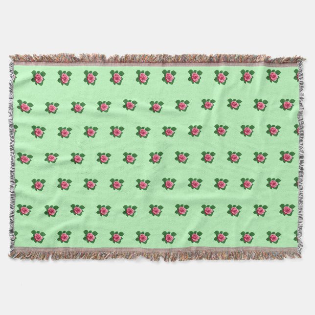 Pink Rose Flower Seamless Pattern on Light Green Throw Blanket (Front)