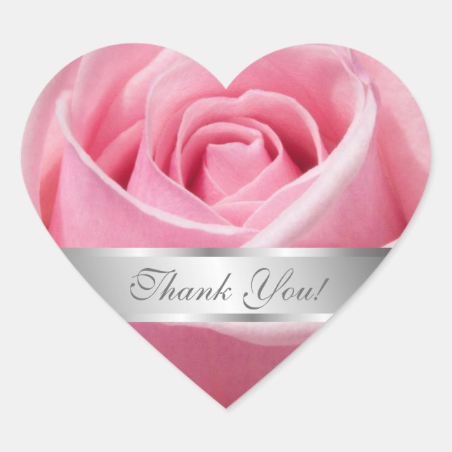 Pink Rose Flower Thank You Personalise Heart Sticker (Front)