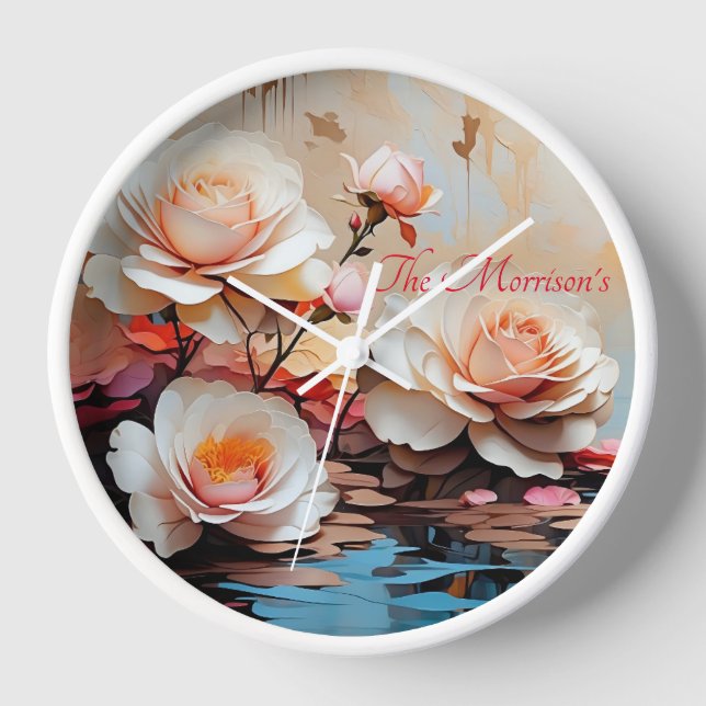 Pink rose flower wall clock (Front)