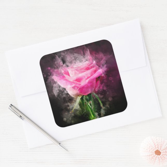 Pink Rose flower watercolor - bb Square Sticker (Envelope)