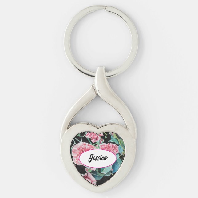 Pink Rose Flower Watercolor Roses Black Key Ring (Front)