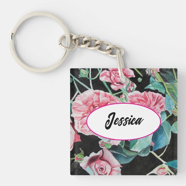 Pink Rose Flower Watercolor Roses Black Key Ring (Front)