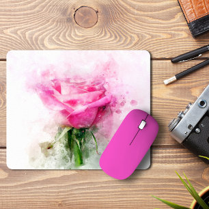 Pink Rose flower watercolor - wb Mouse Mat
