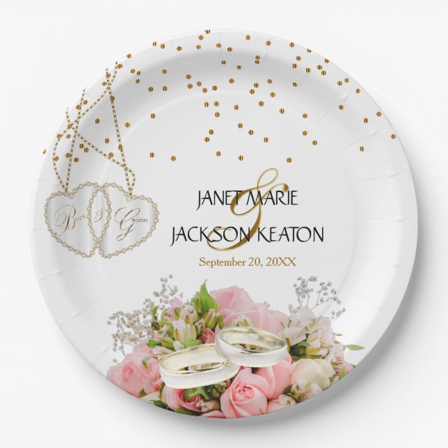 Pink Rose Flower Wedding Paper Plate (Front)