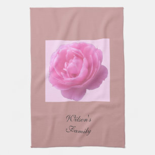 pink rose flower with family name tea towel