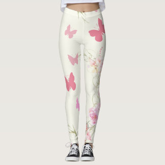 Pink, Rose Flowers and Butterflies Leggings