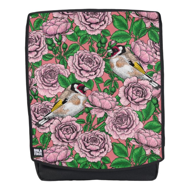 Pink Rose flowers and goldfinch birds Backpack (Front)