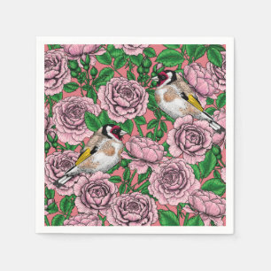 Pink Rose flowers and goldfinch birds Napkin