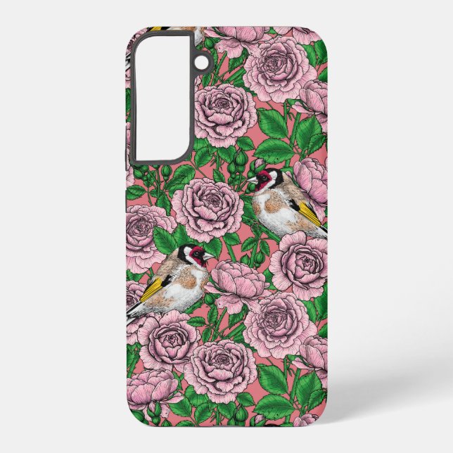 Pink Rose flowers and goldfinch birds Samsung Galaxy S22+ Case (Back)
