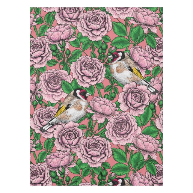 Pink Rose flowers and goldfinch birds Tablecloth (Front)