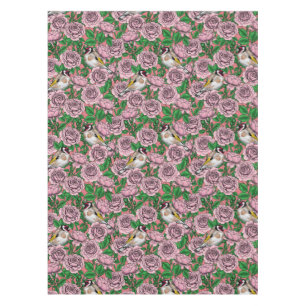 Pink Rose flowers and goldfinch birds Tablecloth