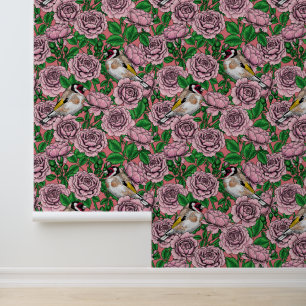 Pink Rose flowers and goldfinch birds Wallpaper