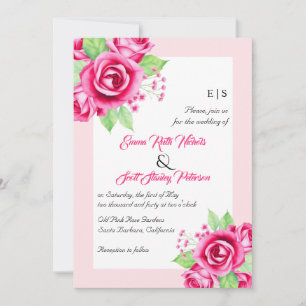 Pink rose flowers and QR code floral wedding Invitation