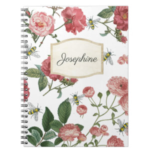 Pink Rose Flowers Bees Vintage Floral Personalised Notebook