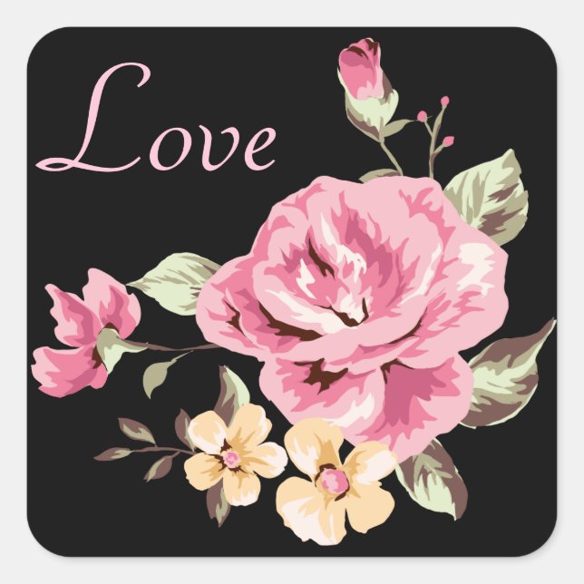 Pink Rose Flowers Black Floral Love Stickers (Front)