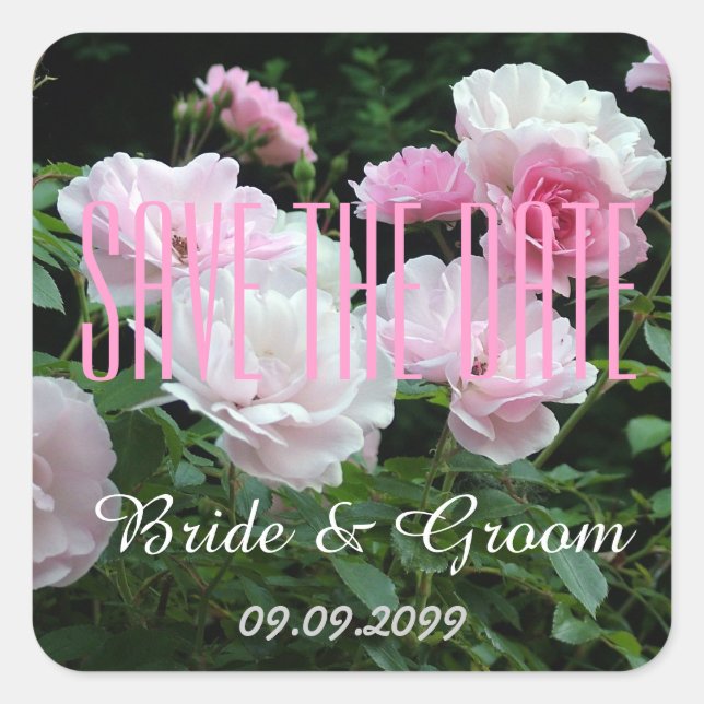 pink rose flowers bride and groom save the date square sticker (Front)