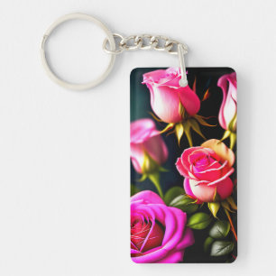 Pink Rose Flowers Digital Artwork Key Ring