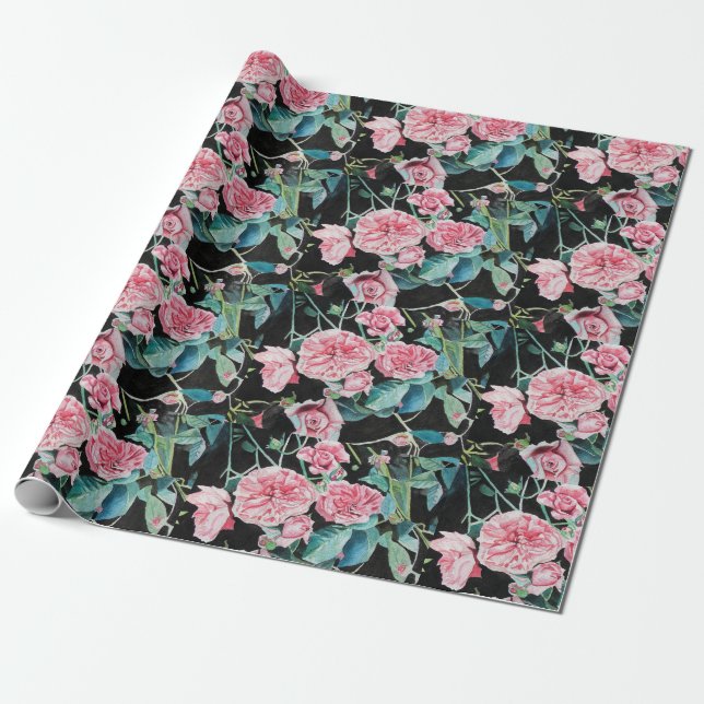 Pink Rose flowers floral Watercolor Wrapping Wrapping Paper (Unrolled)