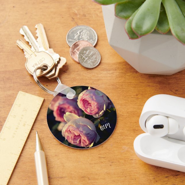 Pink Rose Flowers From the Garden Button Key Ring (Desk)