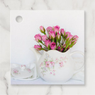 Pink Rose Flowers in Teapot Wedding Favour Tags