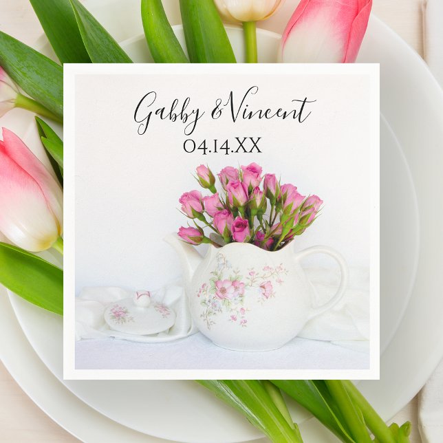 Pink Rose Flowers in Teapot Wedding Napkin (Creator Uploaded)