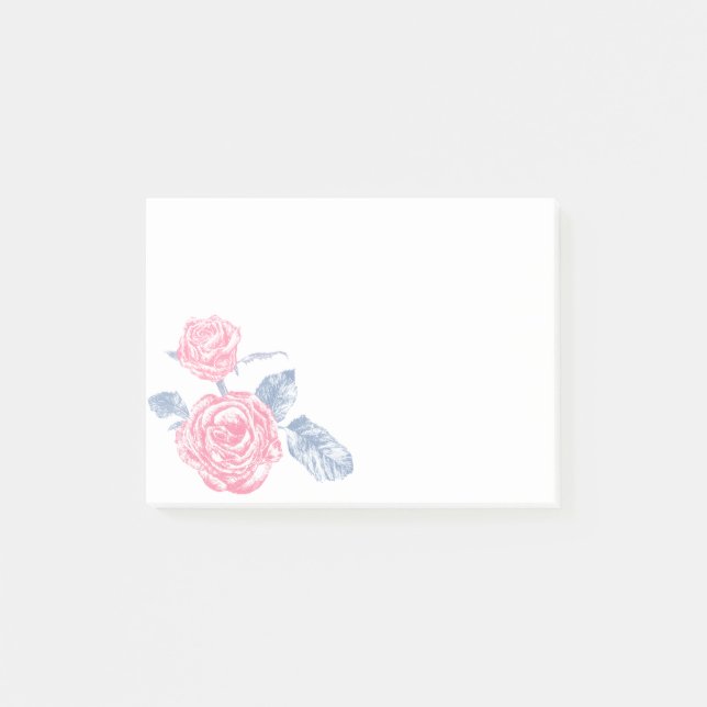 Pink rose flowers inked art post it notes (Front)
