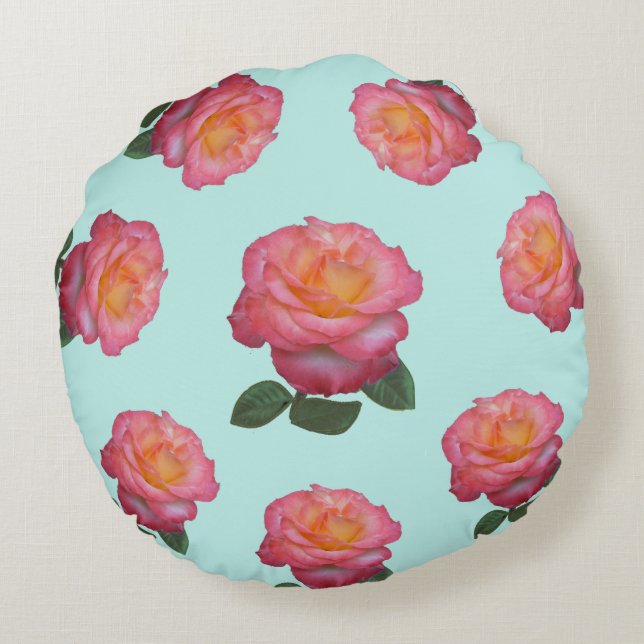 Pink Rose Flowers on Light Blue Round Cushion (Back)