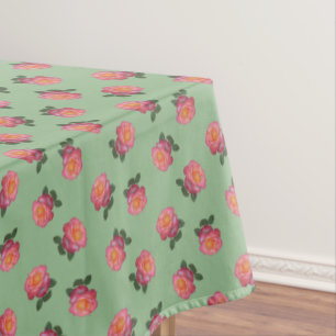 Pink Rose Flowers on Light Green Tablecloth