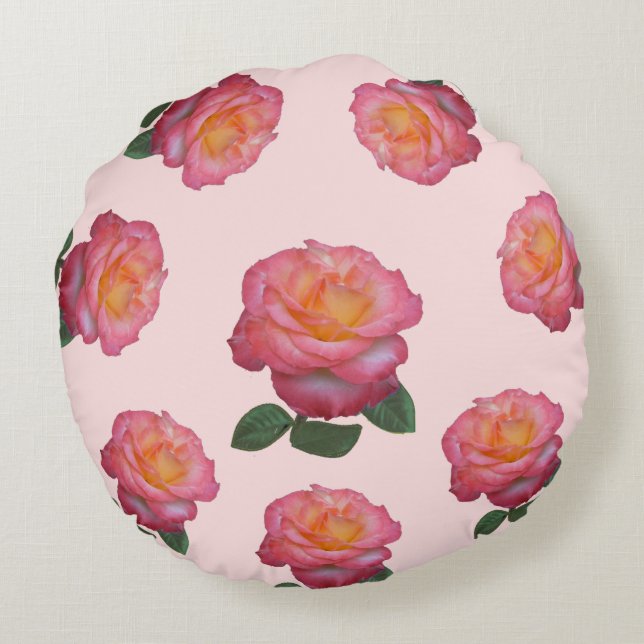 Pink Rose Flowers on Light Pink Round Pillow (Back)
