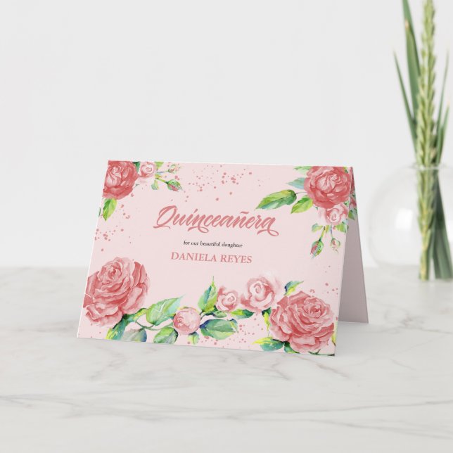Pink Rose Flowers Watercolor Floral Quinceanera Invitation (Front)