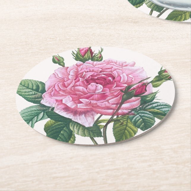 Pink Rose Flowers with Green Leaves Round Paper Coaster (Angled)