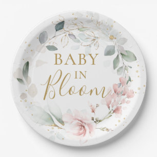 Pink Rose Foliage Baby Shower Paper Plate
